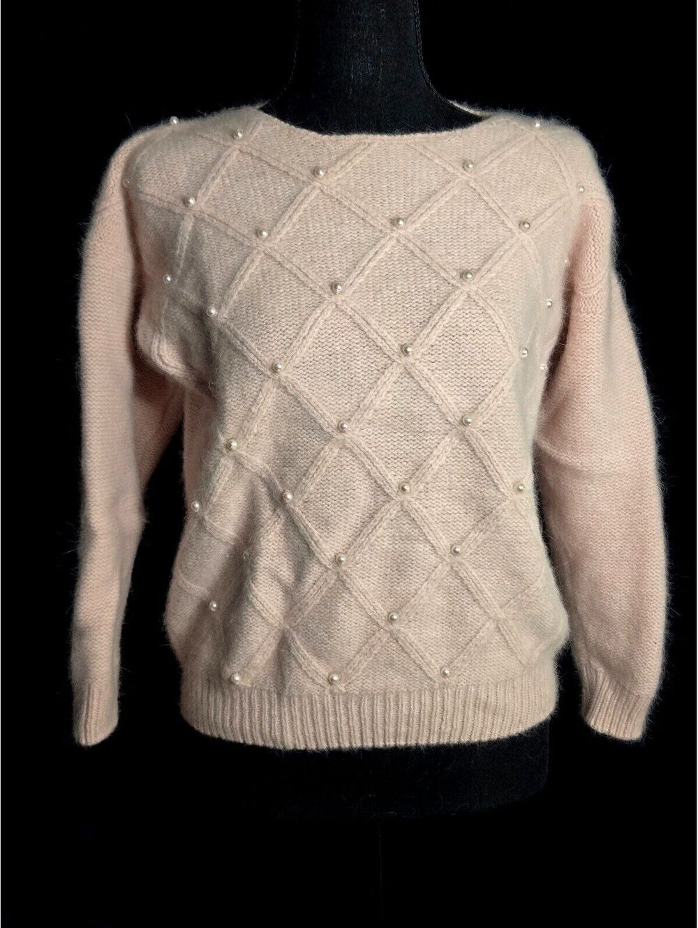 Dana Scott Vintage Pink Angora Blend Pearl Embellished Diamond Pattern Sweater